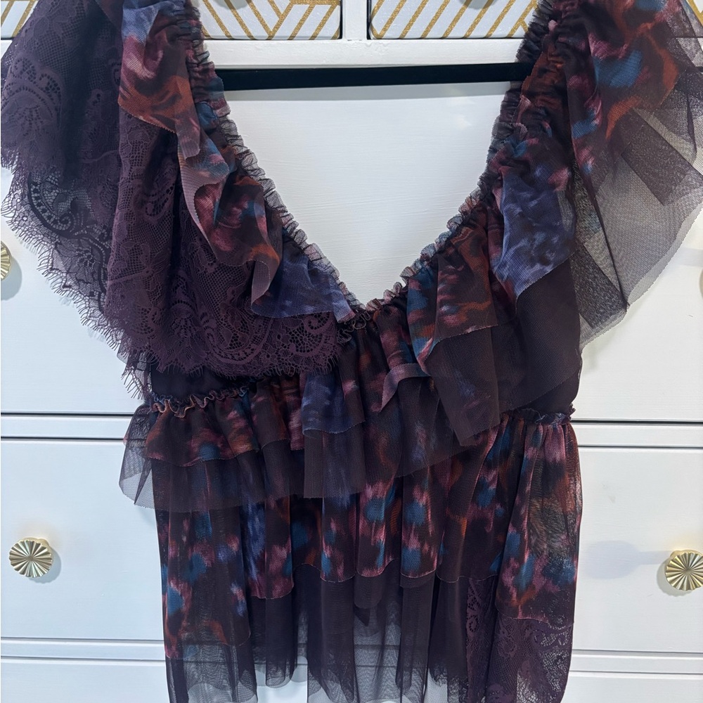 Anthropologie Purple and Blue Ruffled Blouse